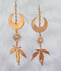 Copper Electroformed real pot leaf moon earrings - Orendas Creations