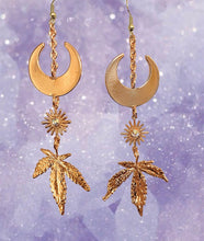 Load image into Gallery viewer, Copper Electroformed real pot leaf moon earrings - Orendas Creations
