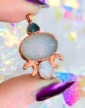 Load image into Gallery viewer, Druzy, blue topaz, opal triple moon goddess necklace
