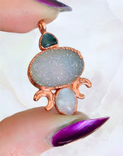 Load image into Gallery viewer, Druzy, blue topaz, opal triple moon goddess necklace
